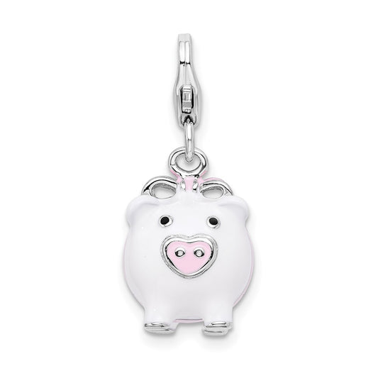 Amore La Vita Sterling Silver Rhodium-plated Polished 3-D Enameled Pig Charm with Fancy Lobster Clasp QCC394