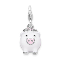 Amore La Vita Sterling Silver Rhodium-plated Polished 3-D Enameled Pig Charm with Fancy Lobster Clasp QCC394