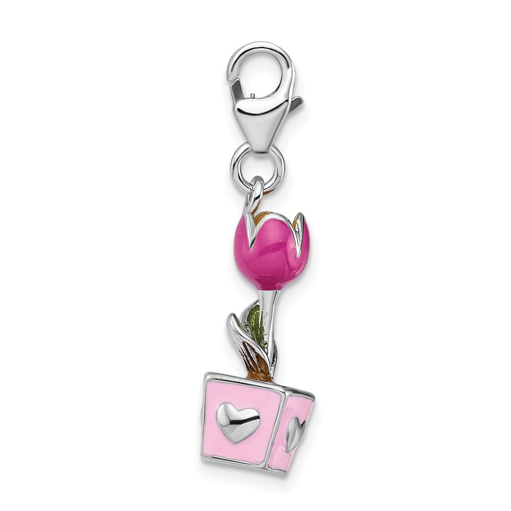 Amore La Vita Sterling Silver Rhodium-plated Polished 3-D Pink Enameled Potted Tulip Charm with Fancy Lobster Clasp QCC404
