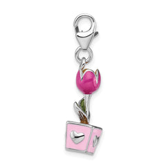 Amore La Vita Sterling Silver Rhodium-plated Polished 3-D Pink Enameled Potted Tulip Charm with Fancy Lobster Clasp QCC404