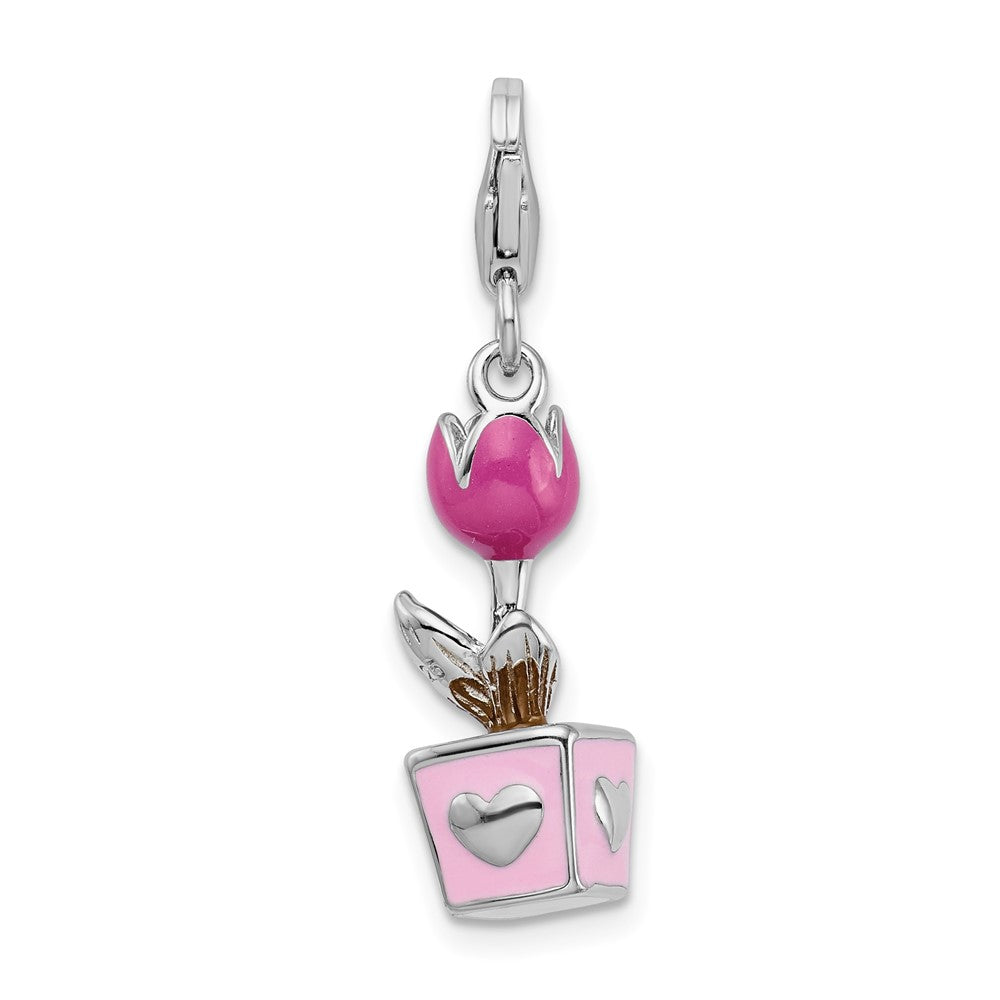 Amore La Vita Sterling Silver Rhodium-plated Polished 3-D Pink Enameled Potted Tulip Charm with Fancy Lobster Clasp QCC404