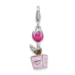 Amore La Vita Sterling Silver Rhodium-plated Polished 3-D Pink Enameled Potted Tulip Charm with Fancy Lobster Clasp QCC404