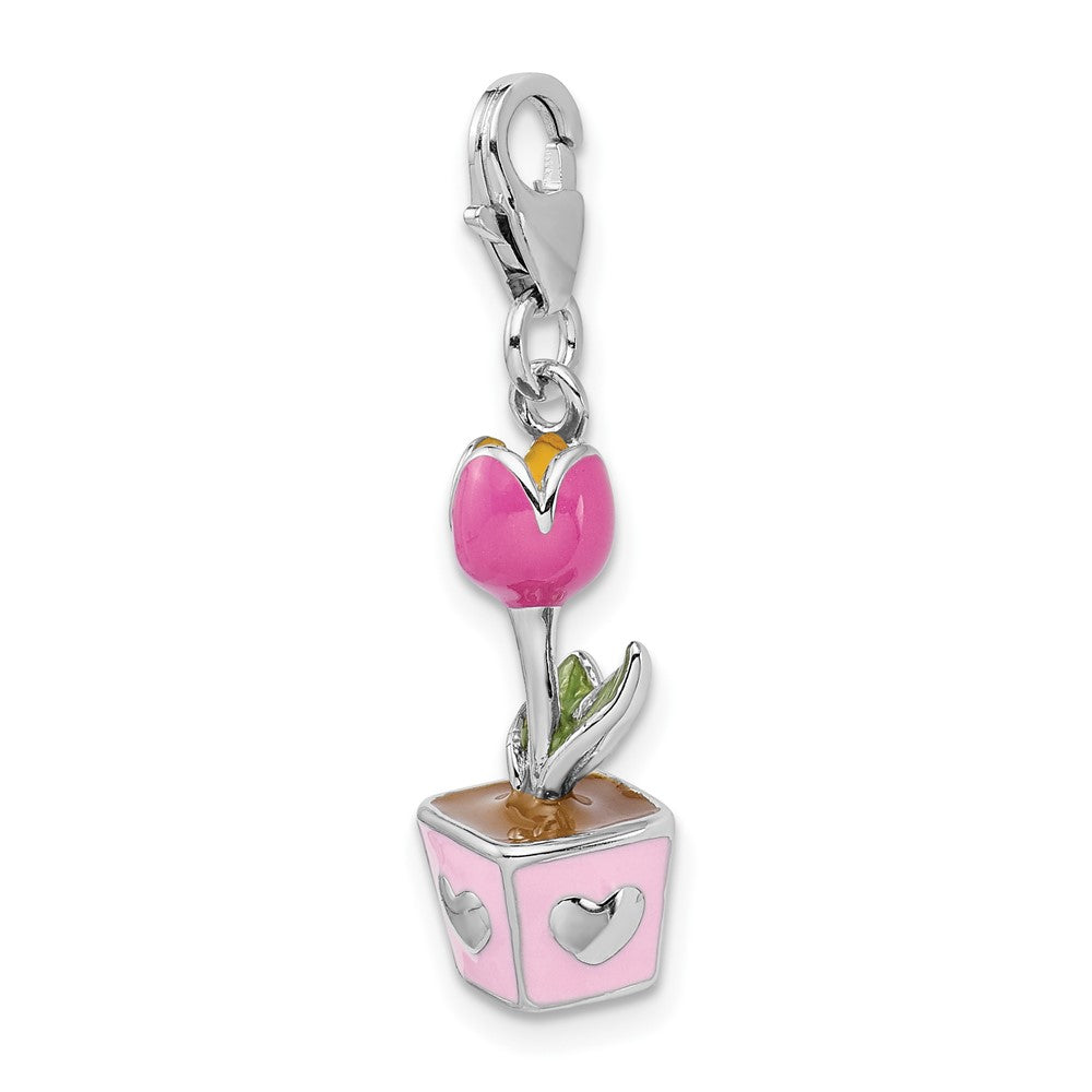 Amore La Vita Sterling Silver Rhodium-plated Polished 3-D Pink Enameled Potted Tulip Charm with Fancy Lobster Clasp QCC404