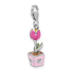 Amore La Vita Sterling Silver Rhodium-plated Polished 3-D Pink Enameled Potted Tulip Charm with Fancy Lobster Clasp QCC404