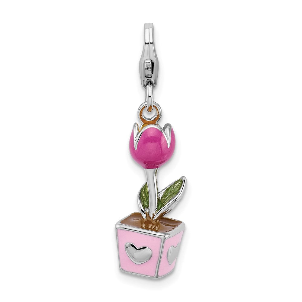 Amore La Vita Sterling Silver Rhodium-plated Polished 3-D Pink Enameled Potted Tulip Charm with Fancy Lobster Clasp QCC404