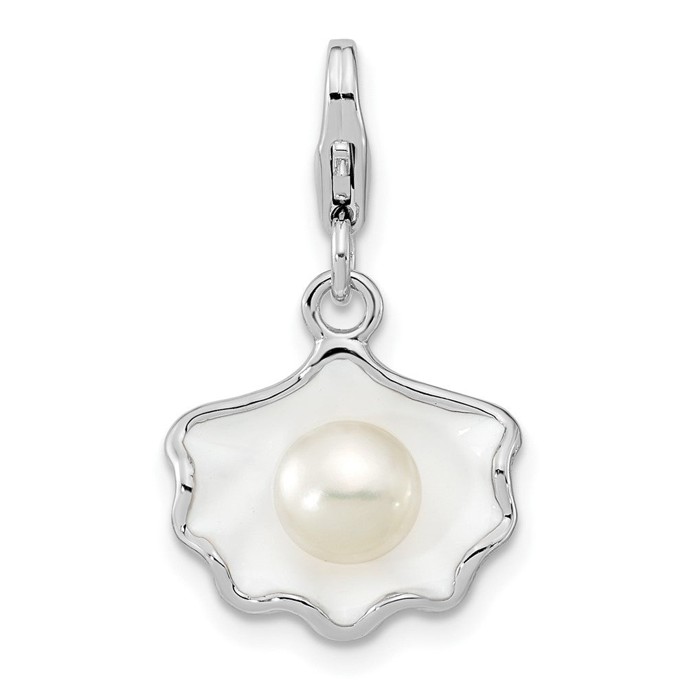 Amore La Vita Sterling Silver Rhodium-plated Polished 3-D Enameled Shell with a Freshwater Cultured Pearl Charm with Fancy Lobster Clasp QCC421