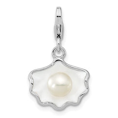 Amore La Vita Sterling Silver Rhodium-plated Polished 3-D Enameled Shell with a Freshwater Cultured Pearl Charm with Fancy Lobster Clasp QCC421