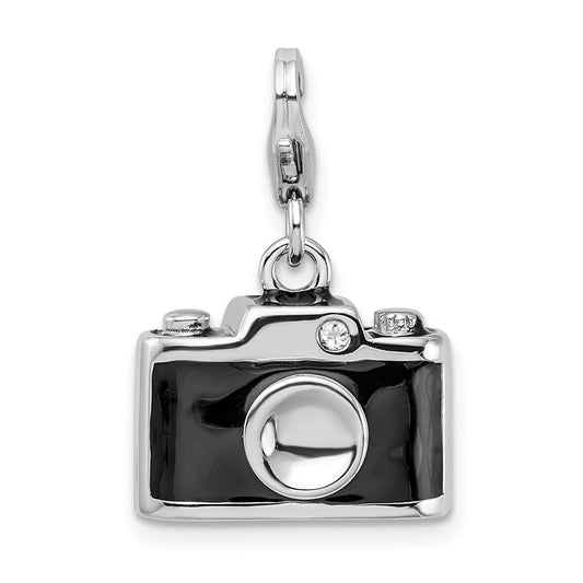 Amore La Vita Sterling Silver Rhodium-plated Polished 3-D Enameled Crystal Camera Charm with Fancy Lobster Clasp QCC437