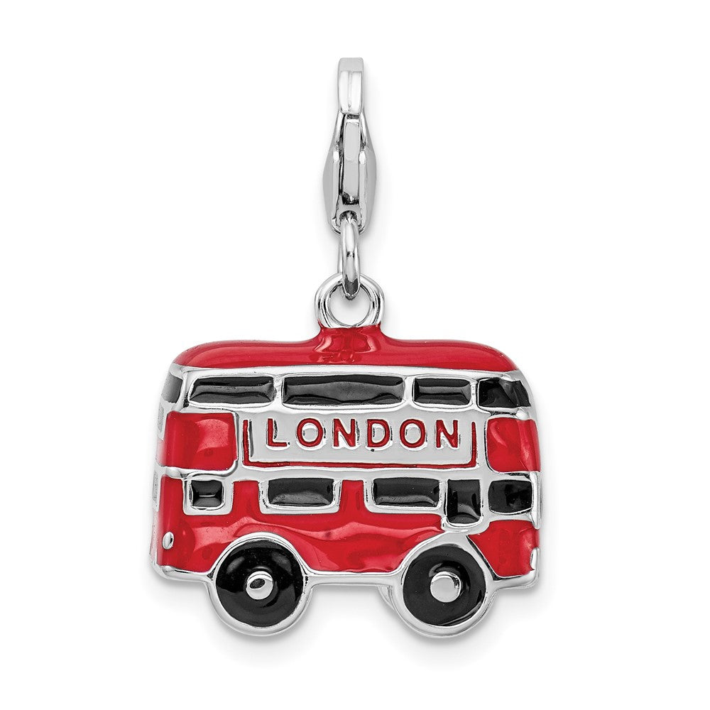 Amore La Vita Sterling Silver Rhodium-plated Polished 3-D Enameled Double Decker London Bus Charm with Fancy Lobster Clasp QCC445