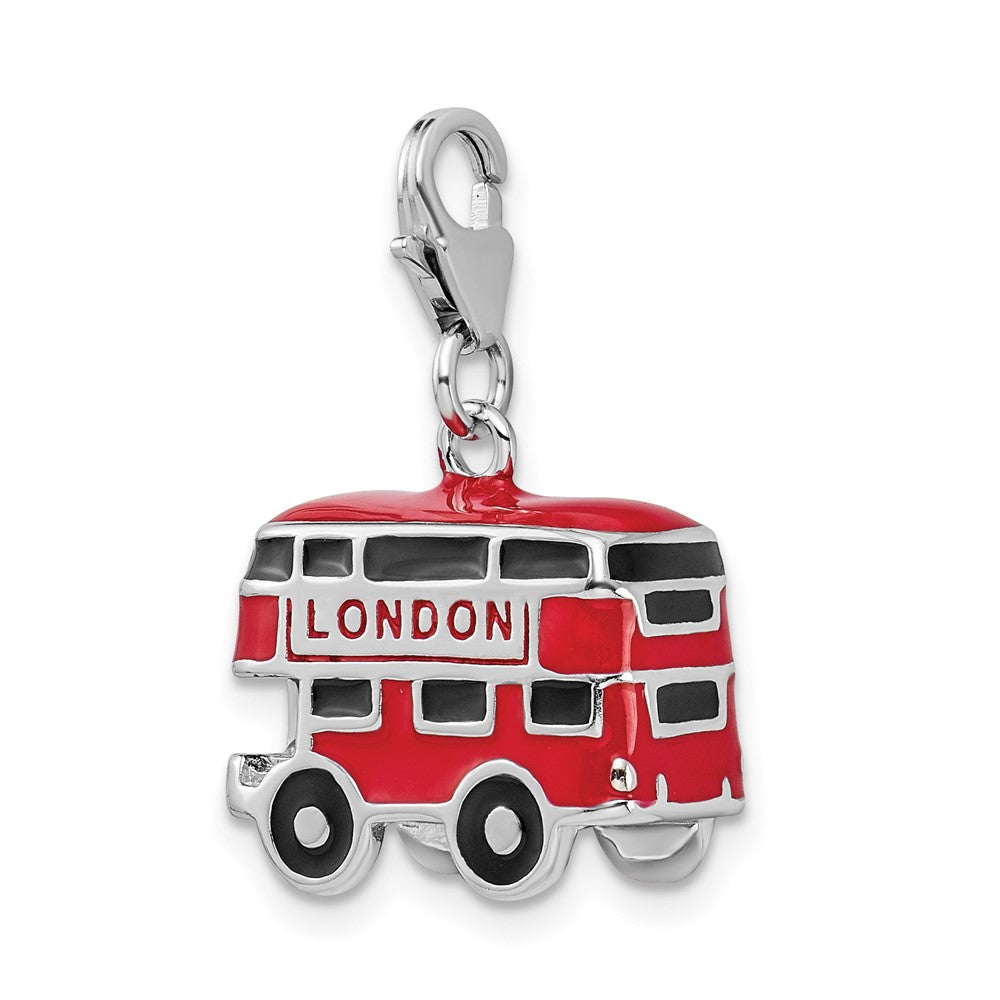 Amore La Vita Sterling Silver Rhodium-plated Polished 3-D Enameled Double Decker London Bus Charm with Fancy Lobster Clasp QCC445