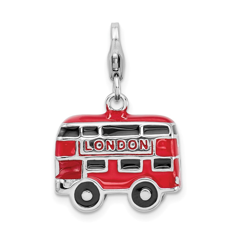 Amore La Vita Sterling Silver Rhodium-plated Polished 3-D Enameled Double Decker London Bus Charm with Fancy Lobster Clasp QCC445