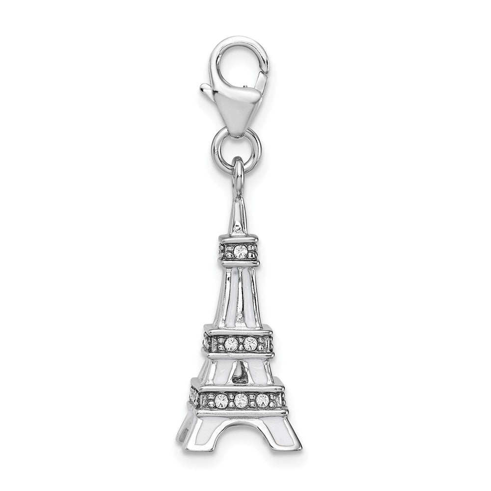 Amore La Vita Sterling Silver Rhodium-plated Polished 3-D Enameled Crystal Eiffel Tower Charm with Fancy Lobster Clasp QCC448