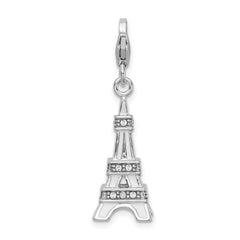 Amore La Vita Sterling Silver Rhodium-plated Polished 3-D Enameled Crystal Eiffel Tower Charm with Fancy Lobster Clasp QCC448