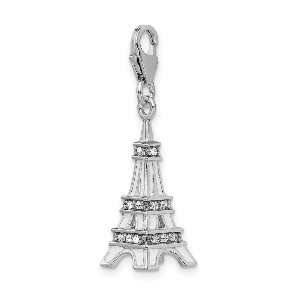 Amore La Vita Sterling Silver Rhodium-plated Polished 3-D Enameled Crystal Eiffel Tower Charm with Fancy Lobster Clasp QCC448
