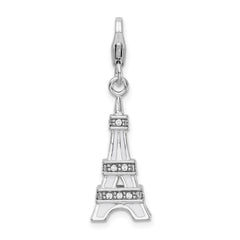 Amore La Vita Sterling Silver Rhodium-plated Polished 3-D Enameled Crystal Eiffel Tower Charm with Fancy Lobster Clasp QCC448