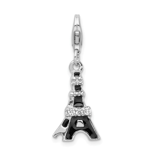 Amore La Vita Sterling Silver Rhodium-plated Polished Black Enameled CZ Eiffel Tower Charm with Fancy Lobster Clasp QCC450