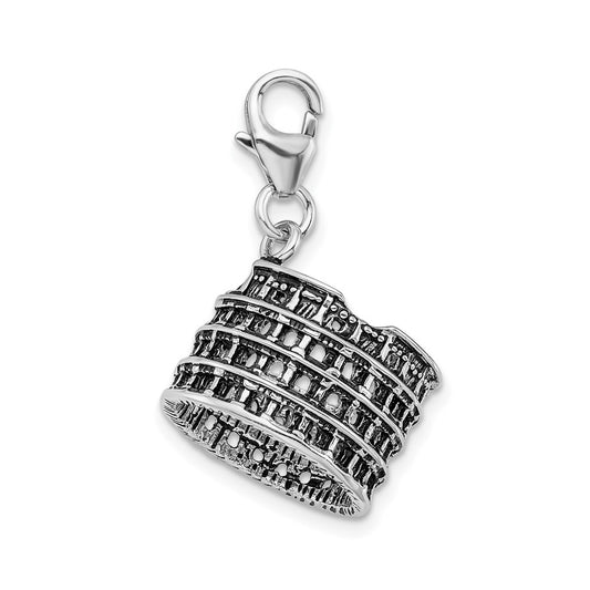 Amore La Vita Sterling Silver Rhodium-plated Polished 3-D Antiqued Coliseum Charm with Fancy Lobster Clasp QCC453