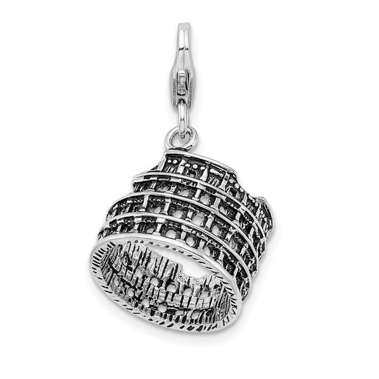 Amore La Vita Sterling Silver Rhodium-plated Polished 3-D Antiqued Coliseum Charm with Fancy Lobster Clasp QCC453