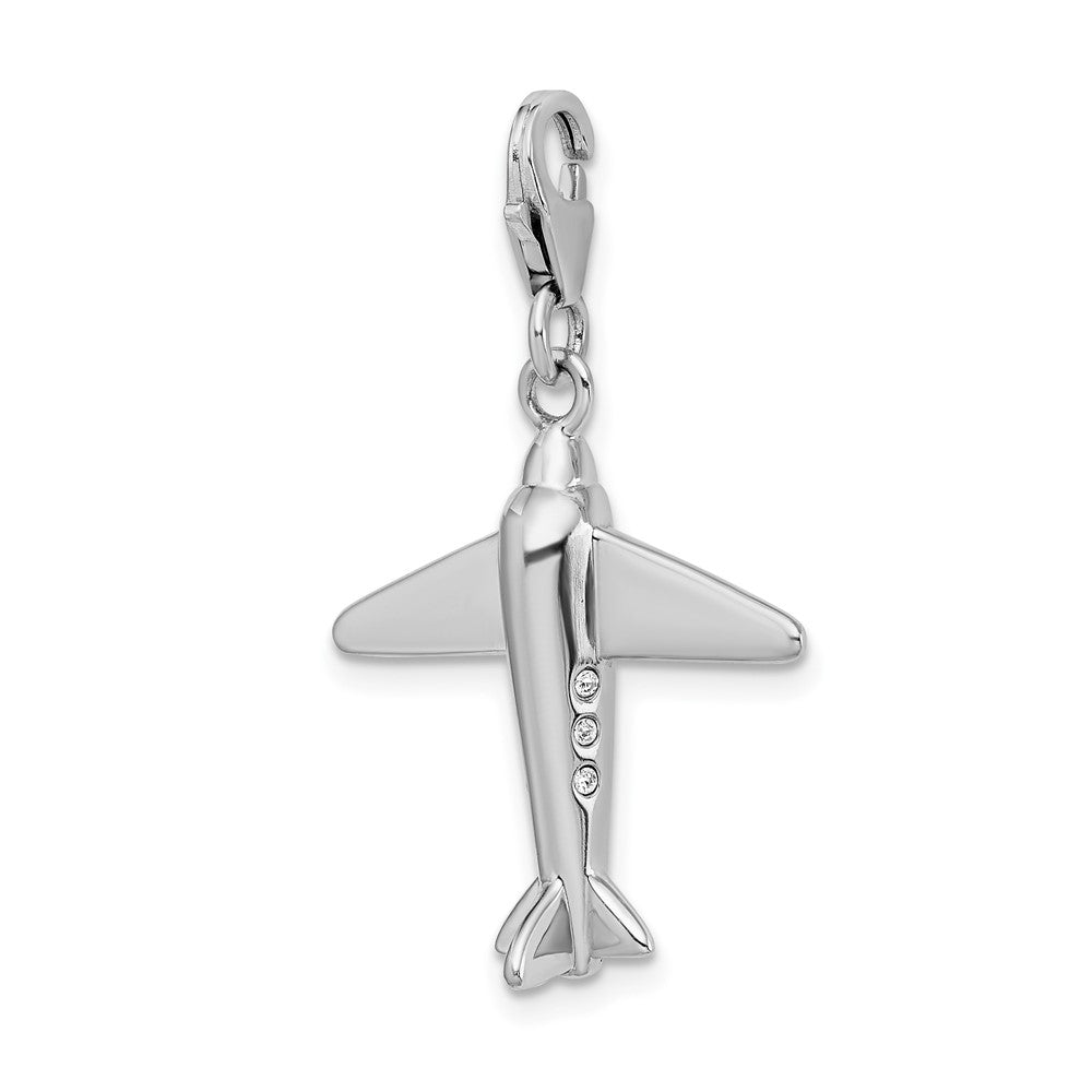Amore La Vita Sterling Silver Rhodium-plated Polished 3-D Crystal Airplane Charm with Fancy Lobster Clasp QCC458
