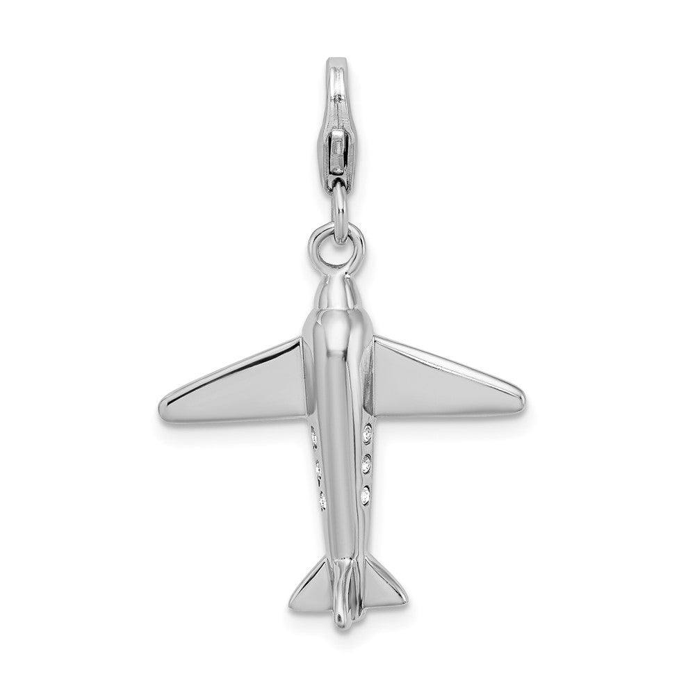 Amore La Vita Sterling Silver Rhodium-plated Polished 3-D Crystal Airplane Charm with Fancy Lobster Clasp QCC458