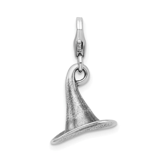 Amore La Vita Sterling Silver Rhodium-plated Polished 3-D Antiqued Witches Hat Charm with Fancy Lobster Clasp QCC469