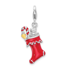 Amore La Vita Sterling Silver Rhodium-plated Polished 3-D Red Enameled Holiday Stocking Charm with Fancy Lobster Clasp QCC526