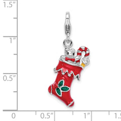 Amore La Vita Sterling Silver Rhodium-plated Polished 3-D Red Enameled Holiday Stocking Charm with Fancy Lobster Clasp QCC526