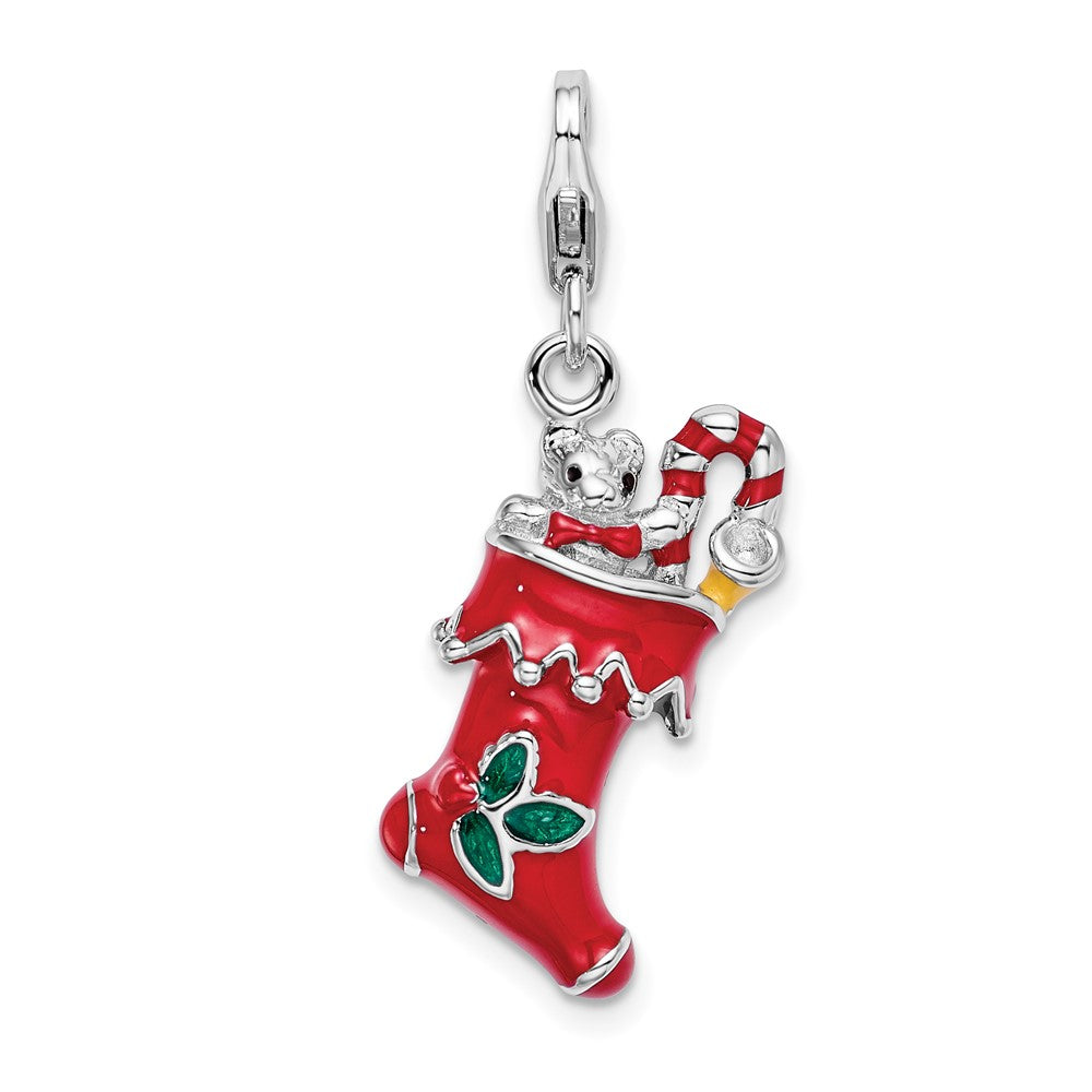 Amore La Vita Sterling Silver Rhodium-plated Polished 3-D Red Enameled Holiday Stocking Charm with Fancy Lobster Clasp QCC526