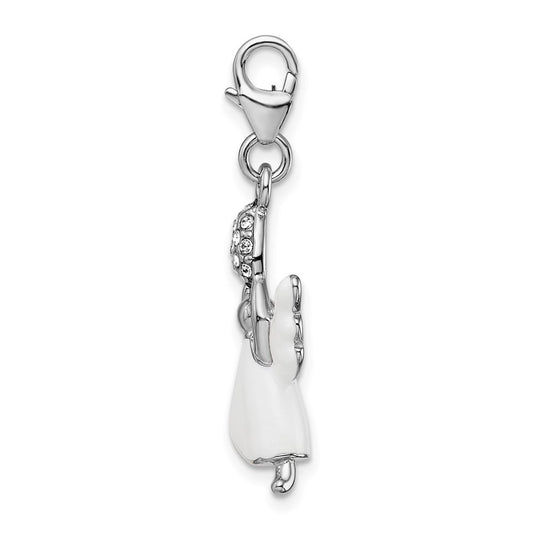Amore La Vita Sterling Silver Rhodium-plated Polished 3-D White Enameled Crystal Angel Charm with Fancy Lobster Clasp QCC533