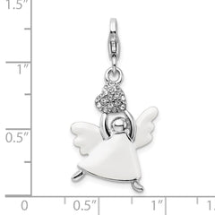Amore La Vita Sterling Silver Rhodium-plated Polished 3-D White Enameled Crystal Angel Charm with Fancy Lobster Clasp QCC533