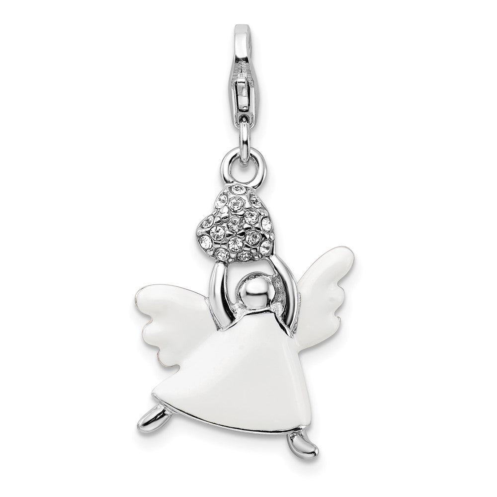 Amore La Vita Sterling Silver Rhodium-plated Polished 3-D White Enameled Crystal Angel Charm with Fancy Lobster Clasp QCC533