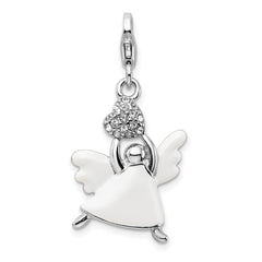 Amore La Vita Sterling Silver Rhodium-plated Polished 3-D White Enameled Crystal Angel Charm with Fancy Lobster Clasp QCC533
