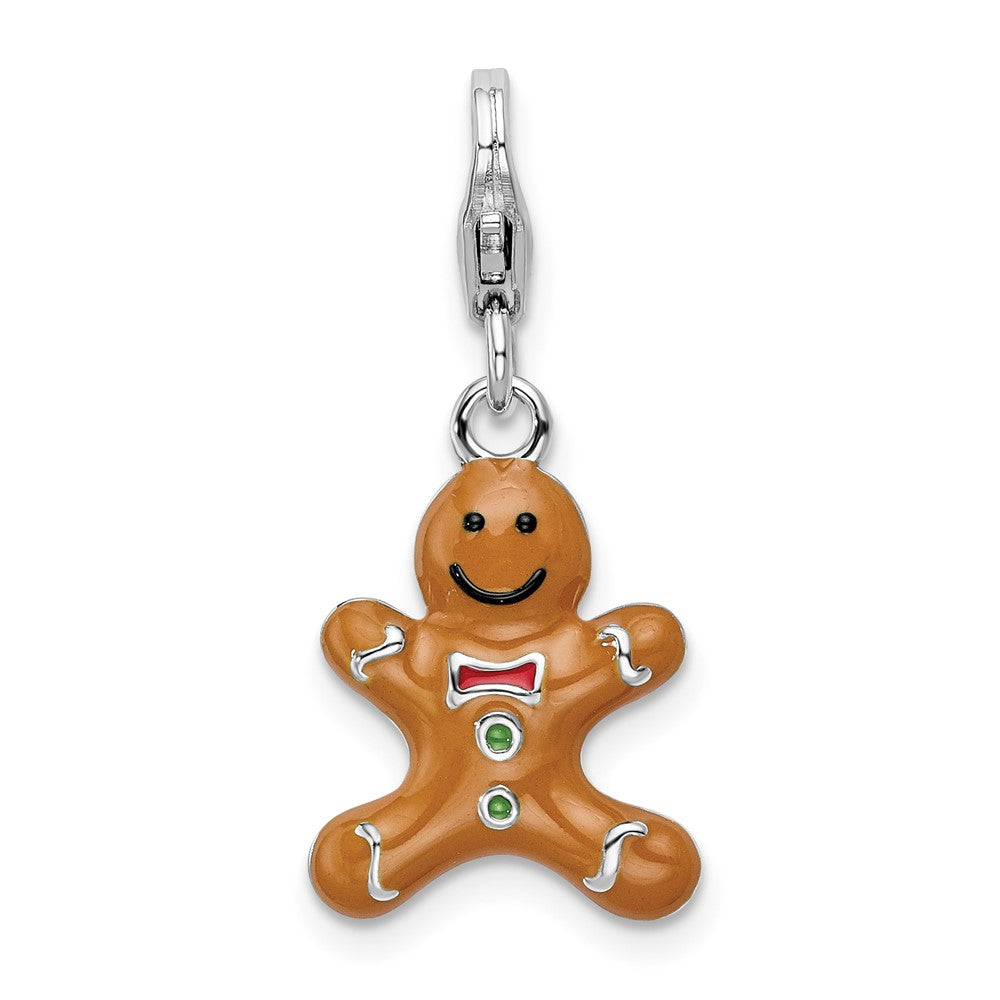 Amore La Vita Sterling Silver Rhodium-plated Polished 3-D Enameled Gingerbread Cookie Charm with Fancy Lobster Clasp QCC538