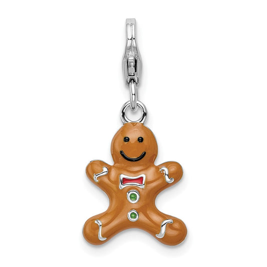 Amore La Vita Sterling Silver Rhodium-plated Polished 3-D Enameled Gingerbread Cookie Charm with Fancy Lobster Clasp QCC538