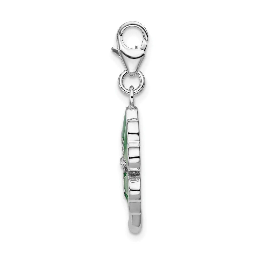 Amore La Vita Sterling Silver Rhodium-plated Polished 3-D Green Enameled 4 Leaf Clover and Clear Crystal LOVE Charm with Fancy Lobster Clasp QCC556