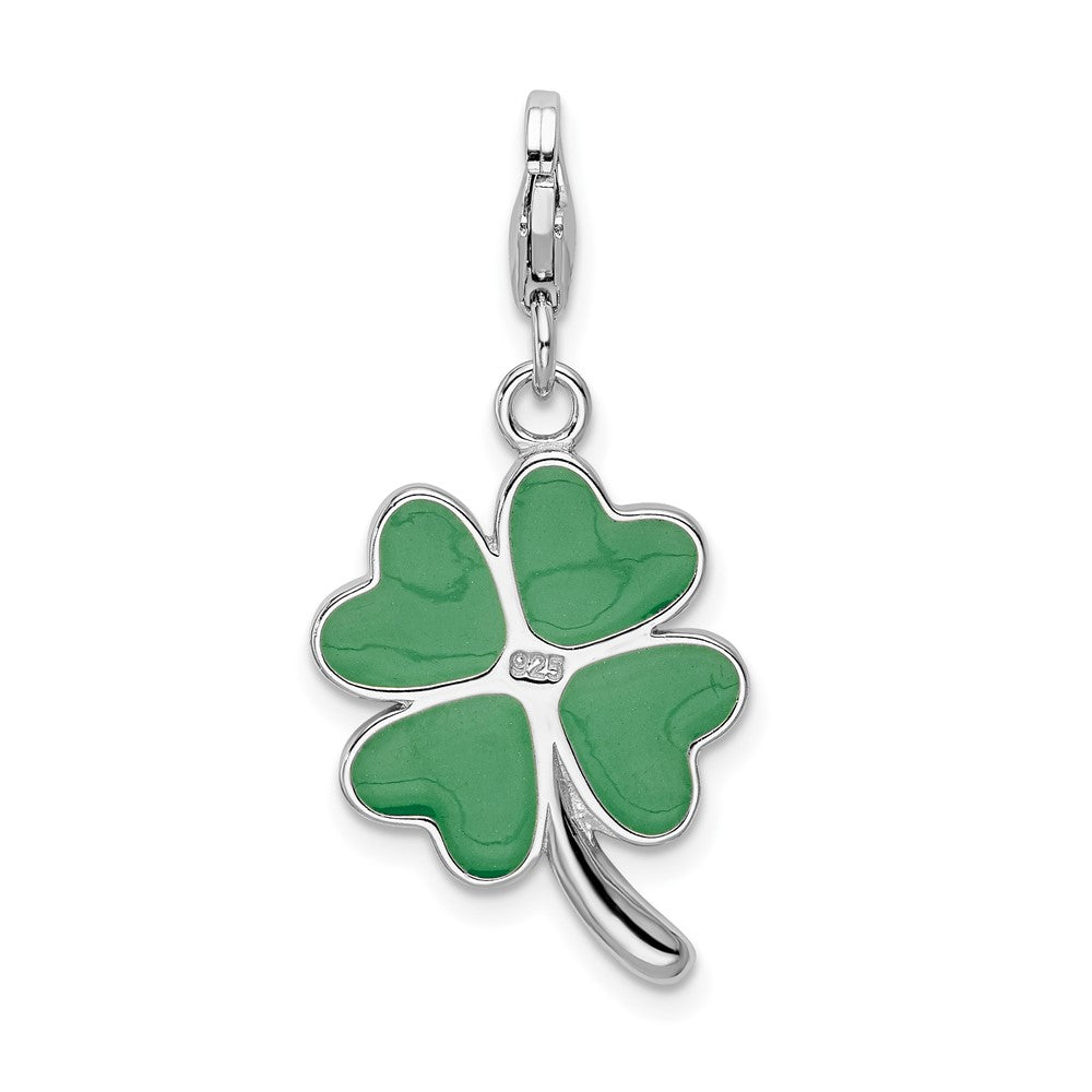 Amore La Vita Sterling Silver Rhodium-plated Polished 3-D Green Enameled 4 Leaf Clover and Clear Crystal LOVE Charm with Fancy Lobster Clasp QCC556