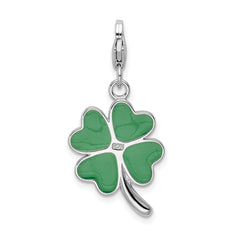 Amore La Vita Sterling Silver Rhodium-plated Polished 3-D Green Enameled 4 Leaf Clover and Clear Crystal LOVE Charm with Fancy Lobster Clasp QCC556