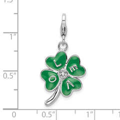 Amore La Vita Sterling Silver Rhodium-plated Polished 3-D Green Enameled 4 Leaf Clover and Clear Crystal LOVE Charm with Fancy Lobster Clasp QCC556