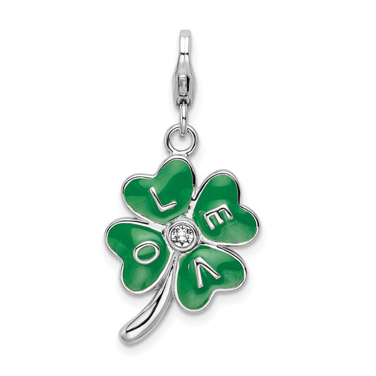 Amore La Vita Sterling Silver Rhodium-plated Polished 3-D Green Enameled 4 Leaf Clover and Clear Crystal LOVE Charm with Fancy Lobster Clasp QCC556