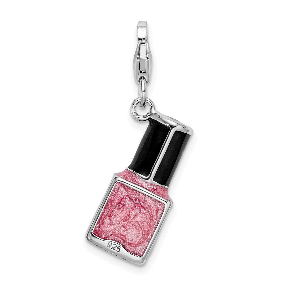 Amore La Vita Sterling Silver Rhodium-plated Polished 3-D Enameled Pink Nail Polish Bottle Charm with Fancy Lobster Clasp QCC557