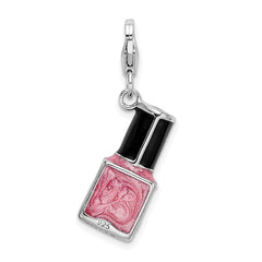 Amore La Vita Sterling Silver Rhodium-plated Polished 3-D Enameled Pink Nail Polish Bottle Charm with Fancy Lobster Clasp QCC557