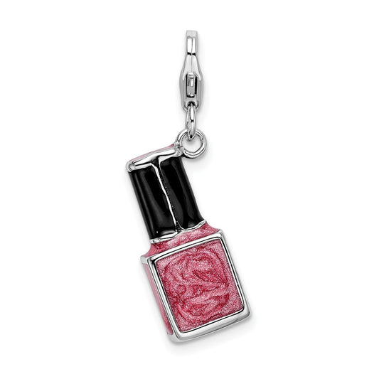 Amore La Vita Sterling Silver Rhodium-plated Polished 3-D Enameled Pink Nail Polish Bottle Charm with Fancy Lobster Clasp QCC557