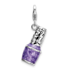 Amore La Vita Sterling Silver Rhodium-plated Polished 3-D Enameled Purple Nail Polish Bottle Charm with Fancy Lobster Clasp QCC558