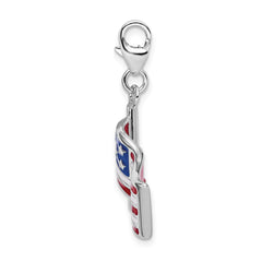 Amore La Vita Sterling Silver Rhodium-plated Polished Reversible Enameled American Flag Charm with Fancy Lobster Clasp QCC571