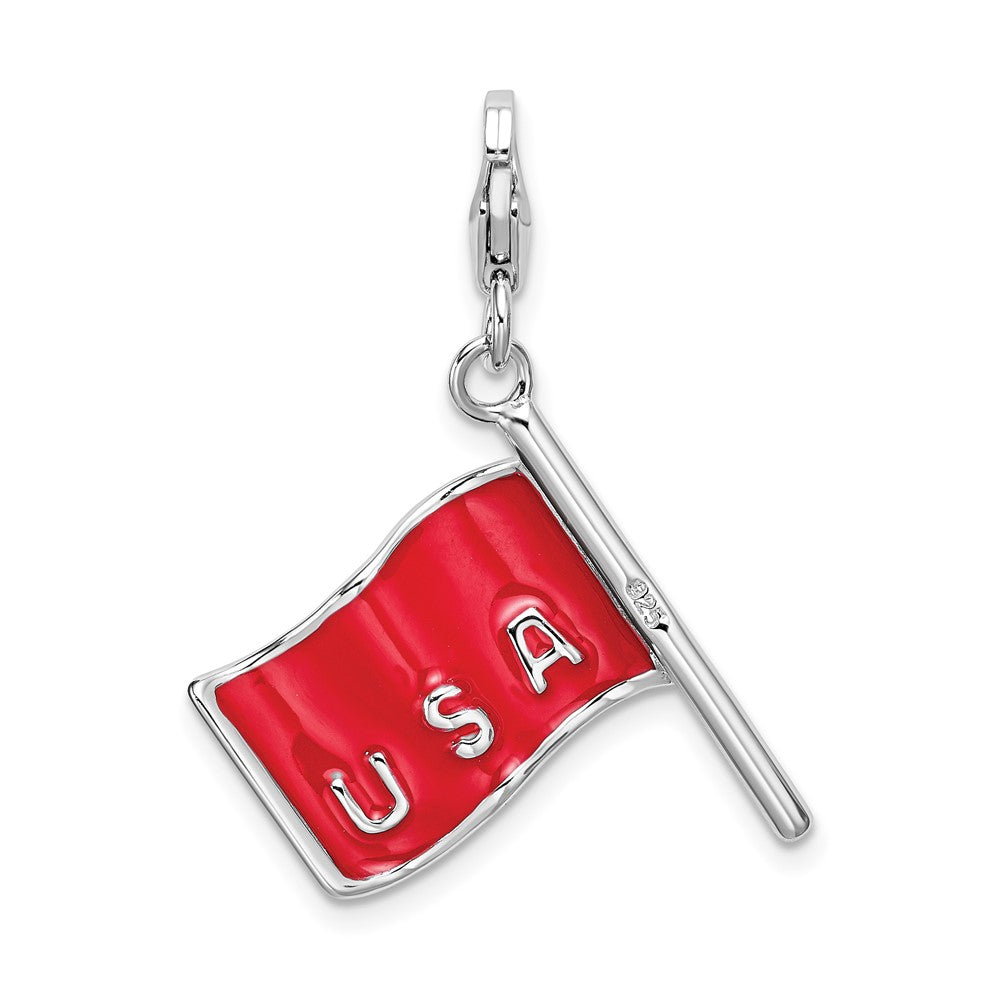 Amore La Vita Sterling Silver Rhodium-plated Polished Reversible Enameled American Flag Charm with Fancy Lobster Clasp QCC571