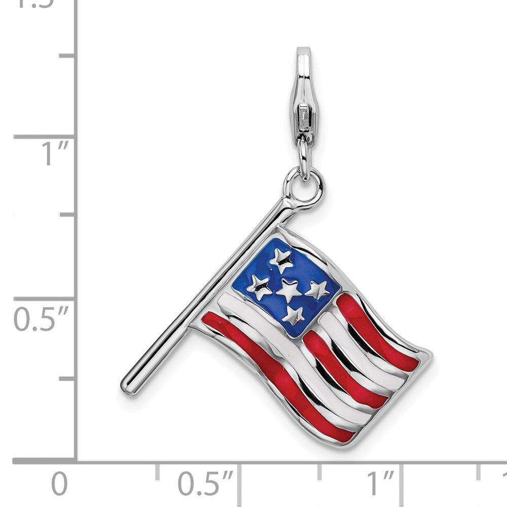 Amore La Vita Sterling Silver Rhodium-plated Polished Reversible Enameled American Flag Charm with Fancy Lobster Clasp QCC571