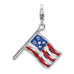 Amore La Vita Sterling Silver Rhodium-plated Polished Reversible Enameled American Flag Charm with Fancy Lobster Clasp QCC571