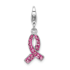 Amore La Vita Sterling Silver Rhodium-plated Polished Stellux Crystal Pink Awareness Charm with Fancy Lobster Clasp QCC614