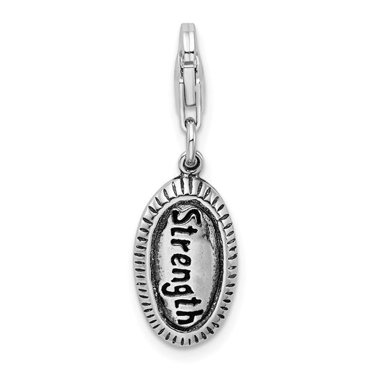 Amore La Vita Sterling Silver Rhodium-plated Polished Antiqued STRENGTH Charm with Fancy Lobster Clasp QCC695