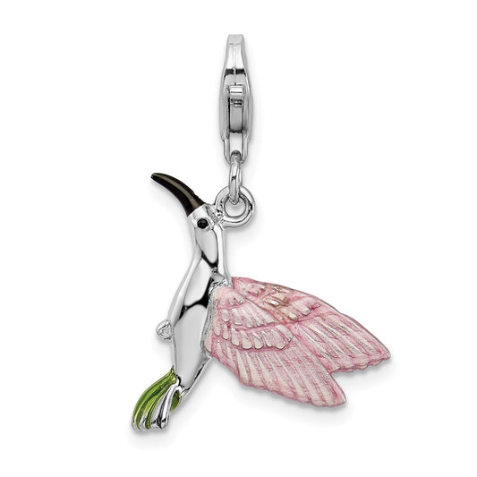 Amore La Vita Sterling Silver Rhodium-plated Polished 3-D Enameled Hummingbird Charm with Fancy Lobster Clasp QCC706
